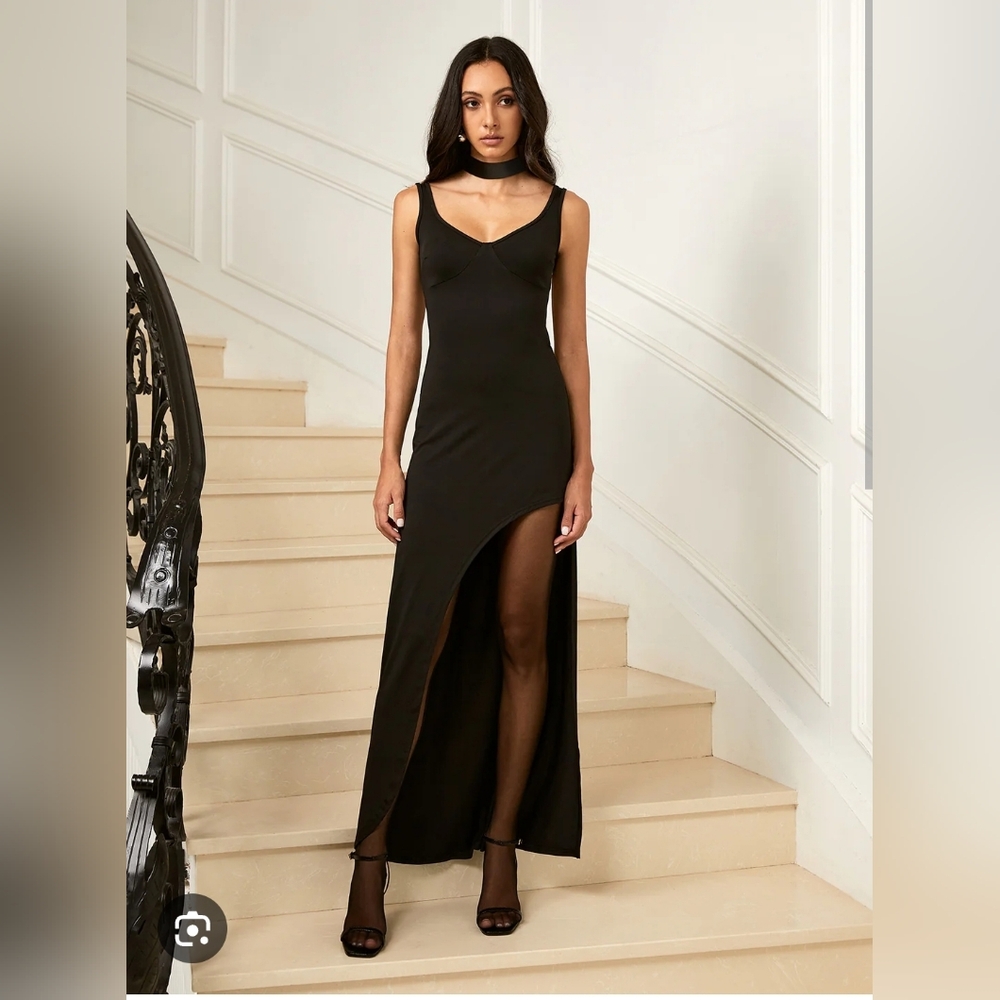 Asymmetrical Hem Backless Split Maxi Dress